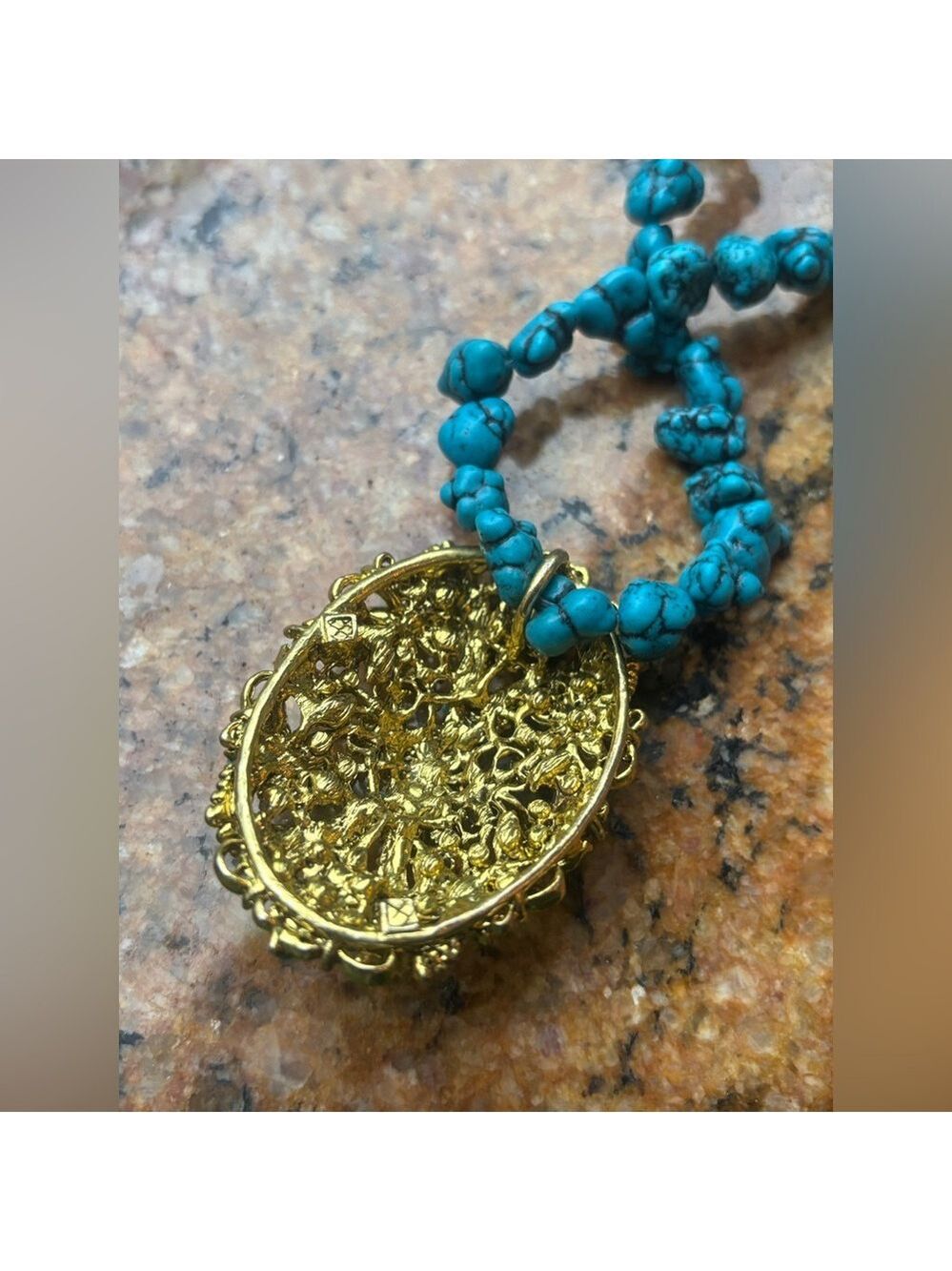 💙 RARE 1928 Designer Turquoise Blue Stone Statement Necklace • Crystal Medallion - Picture 8 of 14